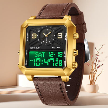 Tiktokshopblackfriday Men'S Square Multifunctional Dual Display 3 Time Zone Stopwatch Alarm Clock Waterproof Night Light Sports Business Quartz Digital Watch Fashionable Luminous Mirror Angular Minimalist Business Watch