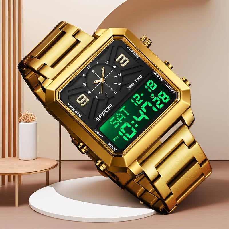 Tiktokshopblackfriday Men'S Square Multifunctional Dual Display 3 Time Zone Stopwatch Alarm Clock Waterproof Night Light Sports Business Quartz Digital Watch Fashionable Luminous Mirror Angular Minimalist Business Watch