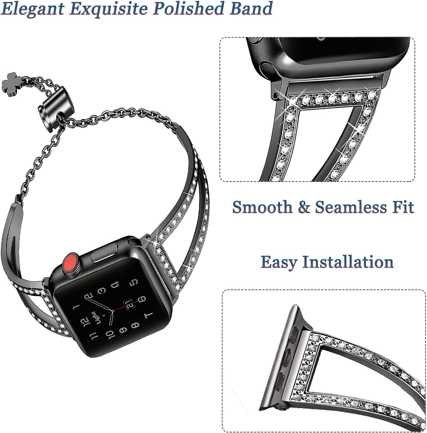 Bling Bands Compatible for Apple Watch Bracelets 38Mm 40Mm 41Mm 42Mm Women,Metal Jewelry Rhinestone Adjustable Straps Bracelets for Apple Watch Series 10 9 8 7 6 4 3 2 1 SE SE2 Iwatch Band Black