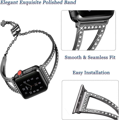 Bling Bands Compatible for Apple Watch Bracelets 38Mm 40Mm 41Mm 42Mm Women,Metal Jewelry Rhinestone Adjustable Straps Bracelets for Apple Watch Series 10 9 8 7 6 4 3 2 1 SE SE2 Iwatch Band Black