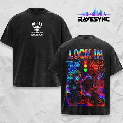 Wooli X Subtronics X Excision "Lock In" Retro Oversize Unisex Acid Washed Tee, EDM Festival Family Gift, 420 Lover Graphic Shirt, Gift for Fan EDM Electronics Music