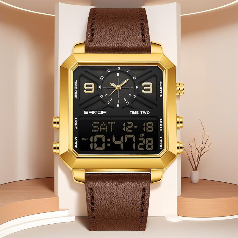 Tiktokshopblackfriday Men'S Square Multifunctional Dual Display 3 Time Zone Stopwatch Alarm Clock Waterproof Night Light Sports Business Quartz Digital Watch Fashionable Luminous Mirror Angular Minimalist Business Watch