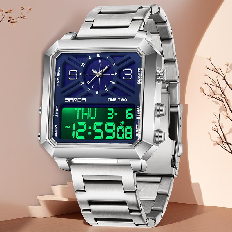 Tiktokshopblackfriday Men'S Square Multifunctional Dual Display 3 Time Zone Stopwatch Alarm Clock Waterproof Night Light Sports Business Quartz Digital Watch Fashionable Luminous Mirror Angular Minimalist Business Watch