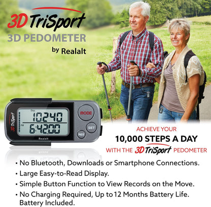 3Dtrisport Walking 3D Pedometer with Clip & Strap, Ebook Included | 30 Days Memory, Accurate Step Counter, Walking Distance Miles/Km, Calorie Counter, Daily Exercise Time Monitor