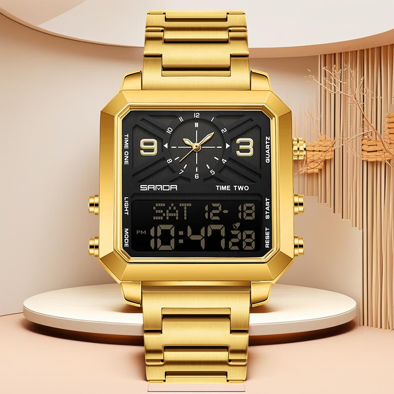 Tiktokshopblackfriday Men'S Square Multifunctional Dual Display 3 Time Zone Stopwatch Alarm Clock Waterproof Night Light Sports Business Quartz Digital Watch Fashionable Luminous Mirror Angular Minimalist Business Watch