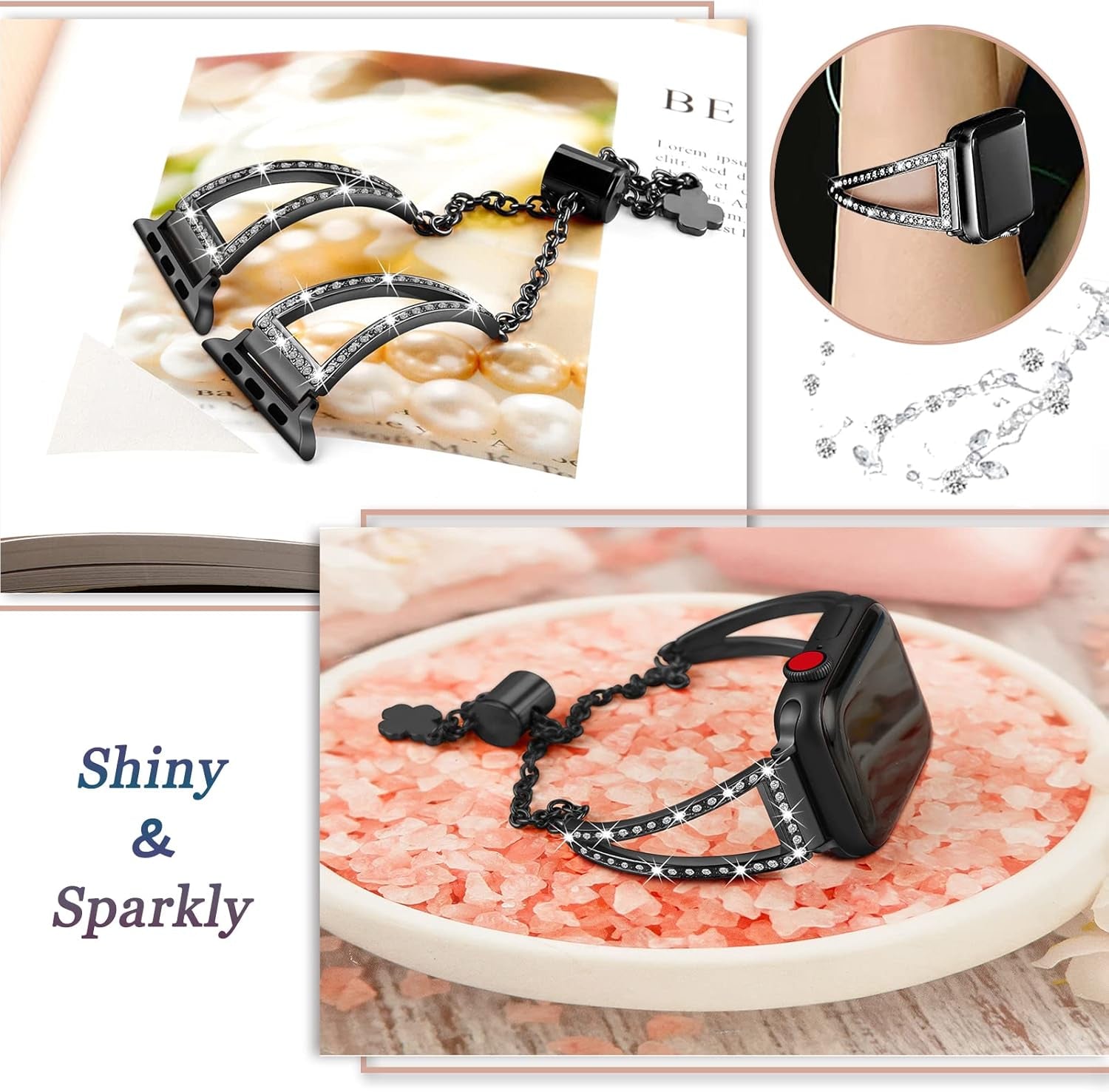 Bling Bands Compatible for Apple Watch Bracelets 38Mm 40Mm 41Mm 42Mm Women,Metal Jewelry Rhinestone Adjustable Straps Bracelets for Apple Watch Series 10 9 8 7 6 4 3 2 1 SE SE2 Iwatch Band Black