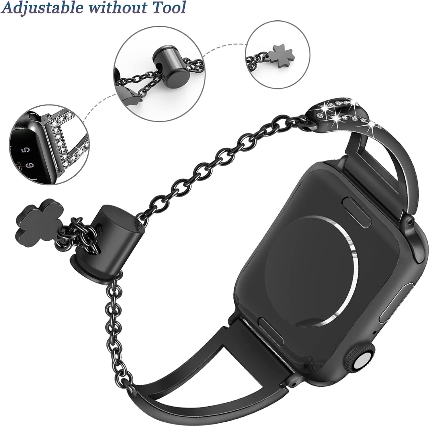 Bling Bands Compatible for Apple Watch Bracelets 38Mm 40Mm 41Mm 42Mm Women,Metal Jewelry Rhinestone Adjustable Straps Bracelets for Apple Watch Series 10 9 8 7 6 4 3 2 1 SE SE2 Iwatch Band Black