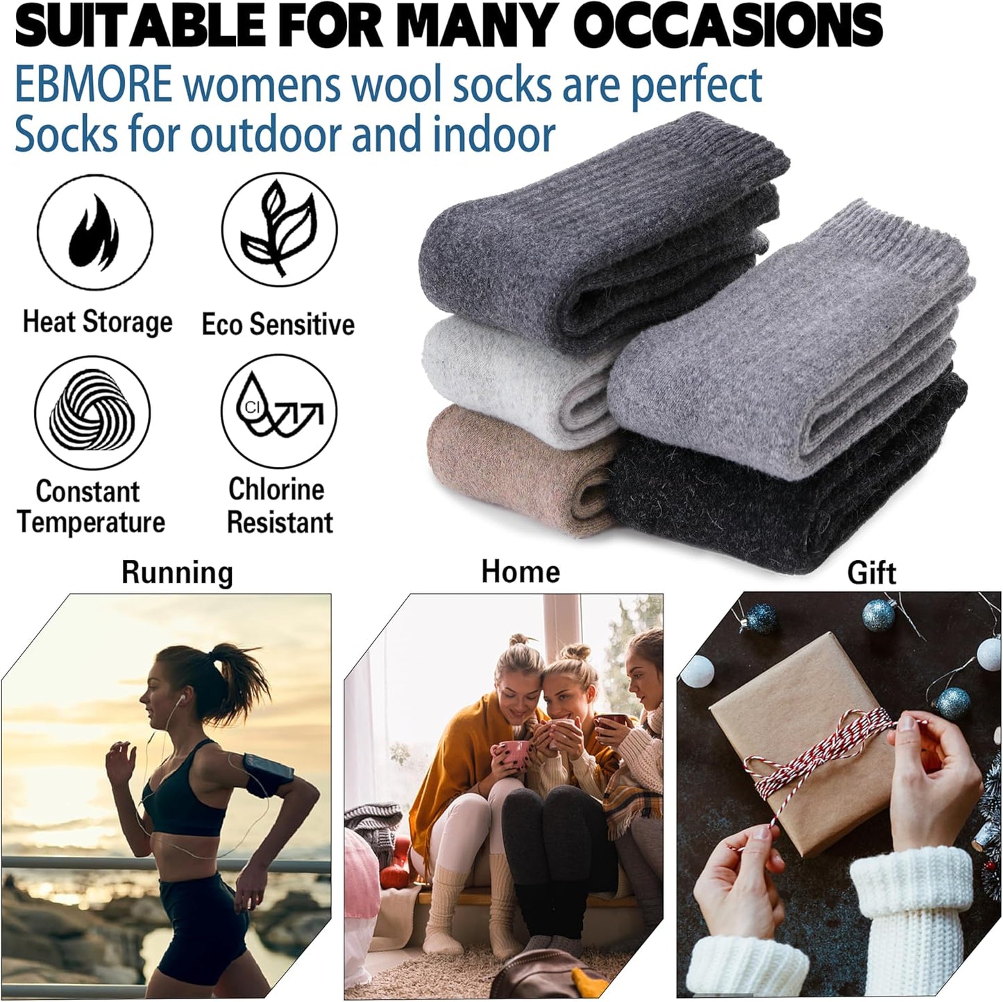 Merino Wool Hiking Socks for Women Thermal Winter Warm Thick Boot Cozy Crew Comfy Work Socks 5 Pairs