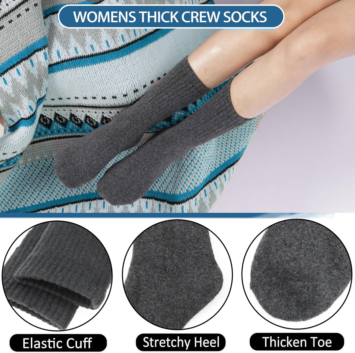 Merino Wool Hiking Socks for Women Thermal Winter Warm Thick Boot Cozy Crew Comfy Work Socks 5 Pairs