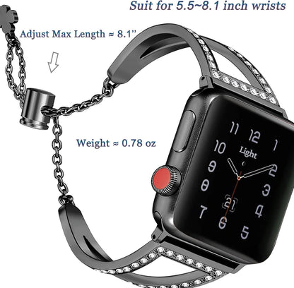 Bling Bands Compatible for Apple Watch Bracelets 38Mm 40Mm 41Mm 42Mm Women,Metal Jewelry Rhinestone Adjustable Straps Bracelets for Apple Watch Series 10 9 8 7 6 4 3 2 1 SE SE2 Iwatch Band Black