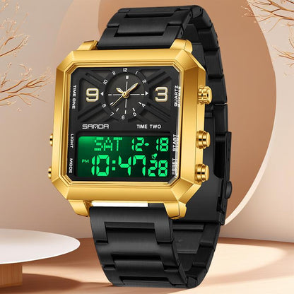 Tiktokshopblackfriday Men'S Square Multifunctional Dual Display 3 Time Zone Stopwatch Alarm Clock Waterproof Night Light Sports Business Quartz Digital Watch Fashionable Luminous Mirror Angular Minimalist Business Watch