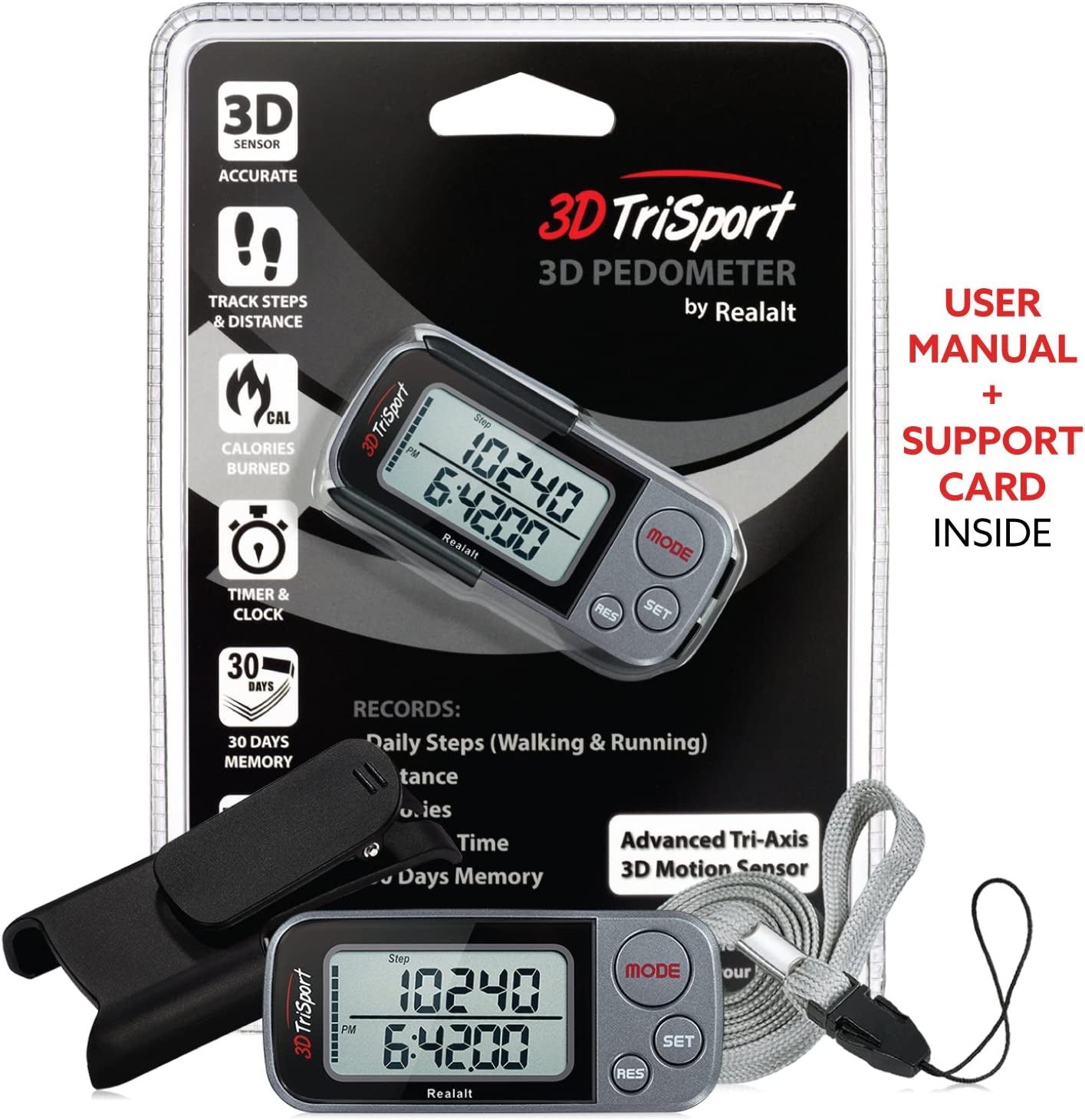 3Dtrisport Walking 3D Pedometer with Clip & Strap, Ebook Included | 30 Days Memory, Accurate Step Counter, Walking Distance Miles/Km, Calorie Counter, Daily Exercise Time Monitor