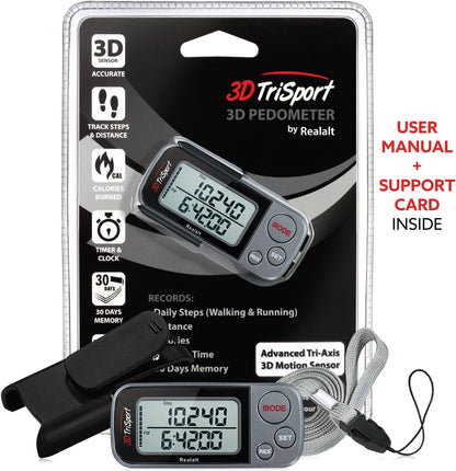 3Dtrisport Walking 3D Pedometer with Clip & Strap, Ebook Included | 30 Days Memory, Accurate Step Counter, Walking Distance Miles/Km, Calorie Counter, Daily Exercise Time Monitor