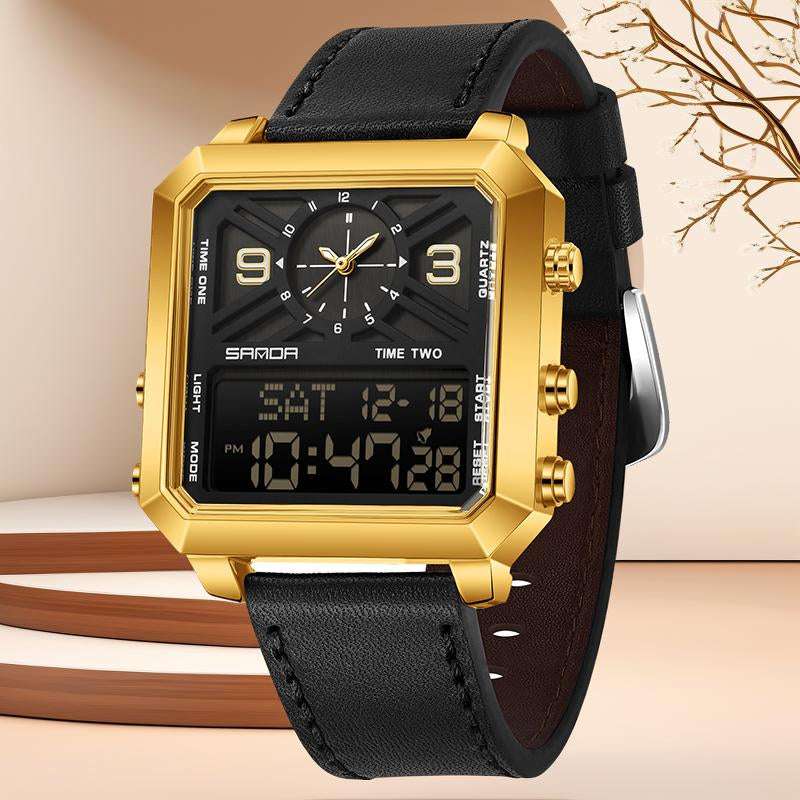 Tiktokshopblackfriday Men'S Square Multifunctional Dual Display 3 Time Zone Stopwatch Alarm Clock Waterproof Night Light Sports Business Quartz Digital Watch Fashionable Luminous Mirror Angular Minimalist Business Watch