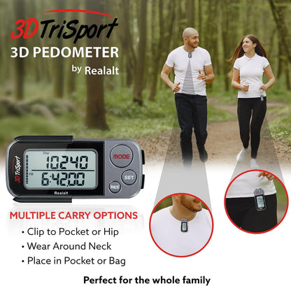 3Dtrisport Walking 3D Pedometer with Clip & Strap, Ebook Included | 30 Days Memory, Accurate Step Counter, Walking Distance Miles/Km, Calorie Counter, Daily Exercise Time Monitor