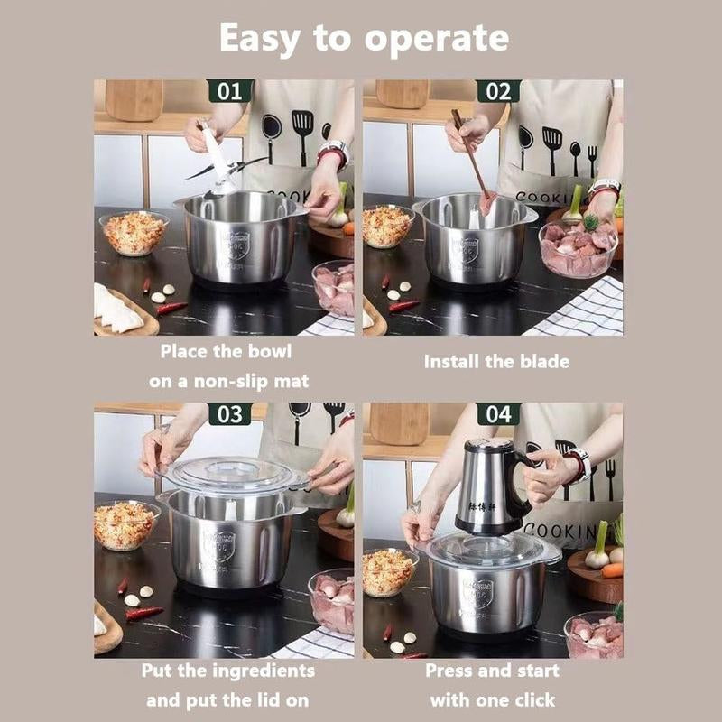 US Plug 3-Speed Food Chopper, Food Processor Electric Dough Mixer, 5L Large Apacity Meat Grinder with Blades, Stainless Steel Mincer for Kitchen, Vegetable, Onion, Garlic, Salad, Fruit, Nuts