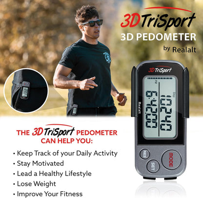 3Dtrisport Walking 3D Pedometer with Clip & Strap, Ebook Included | 30 Days Memory, Accurate Step Counter, Walking Distance Miles/Km, Calorie Counter, Daily Exercise Time Monitor