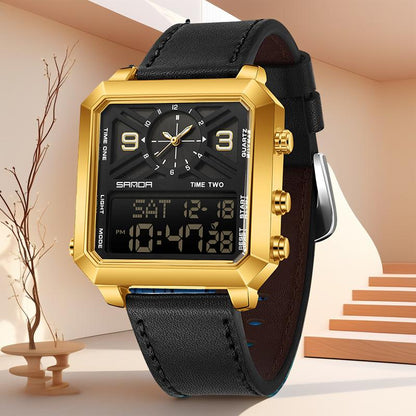 Tiktokshopblackfriday Men'S Square Multifunctional Dual Display 3 Time Zone Stopwatch Alarm Clock Waterproof Night Light Sports Business Quartz Digital Watch Fashionable Luminous Mirror Angular Minimalist Business Watch