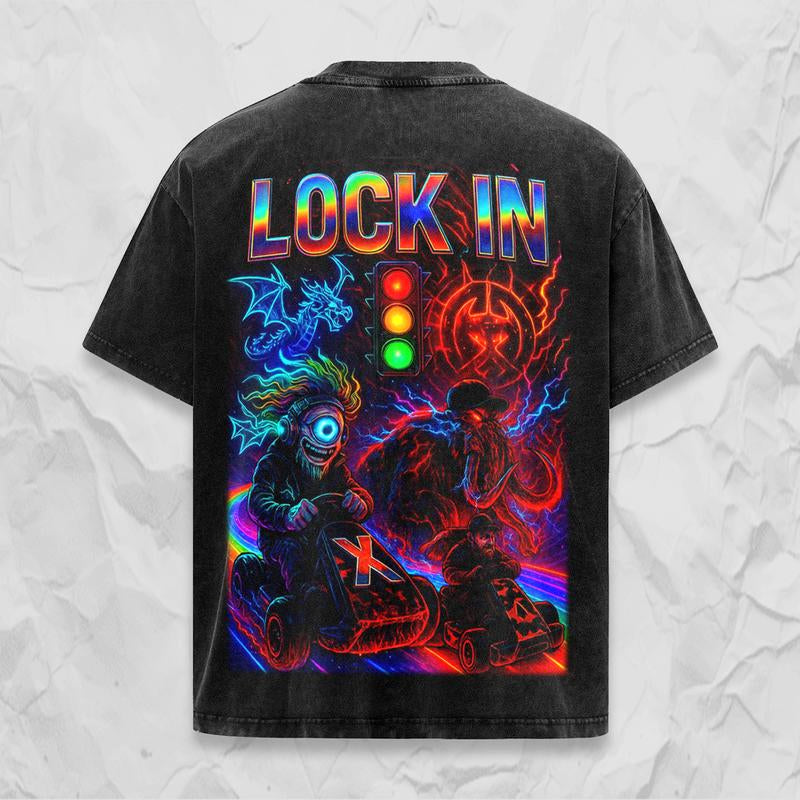 Wooli X Subtronics X Excision "Lock In" Retro Oversize Unisex Acid Washed Tee, EDM Festival Family Gift, 420 Lover Graphic Shirt, Gift for Fan EDM Electronics Music