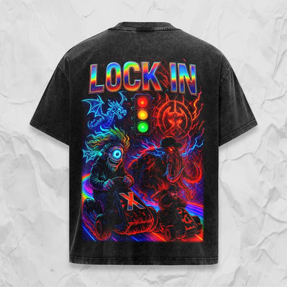 Wooli X Subtronics X Excision "Lock In" Retro Oversize Unisex Acid Washed Tee, EDM Festival Family Gift, 420 Lover Graphic Shirt, Gift for Fan EDM Electronics Music
