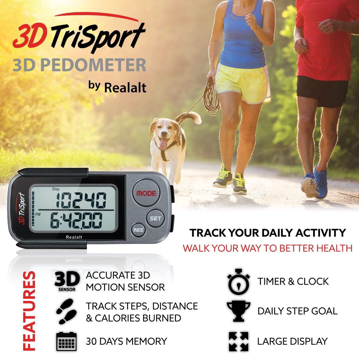 3Dtrisport Walking 3D Pedometer with Clip & Strap, Ebook Included | 30 Days Memory, Accurate Step Counter, Walking Distance Miles/Km, Calorie Counter, Daily Exercise Time Monitor