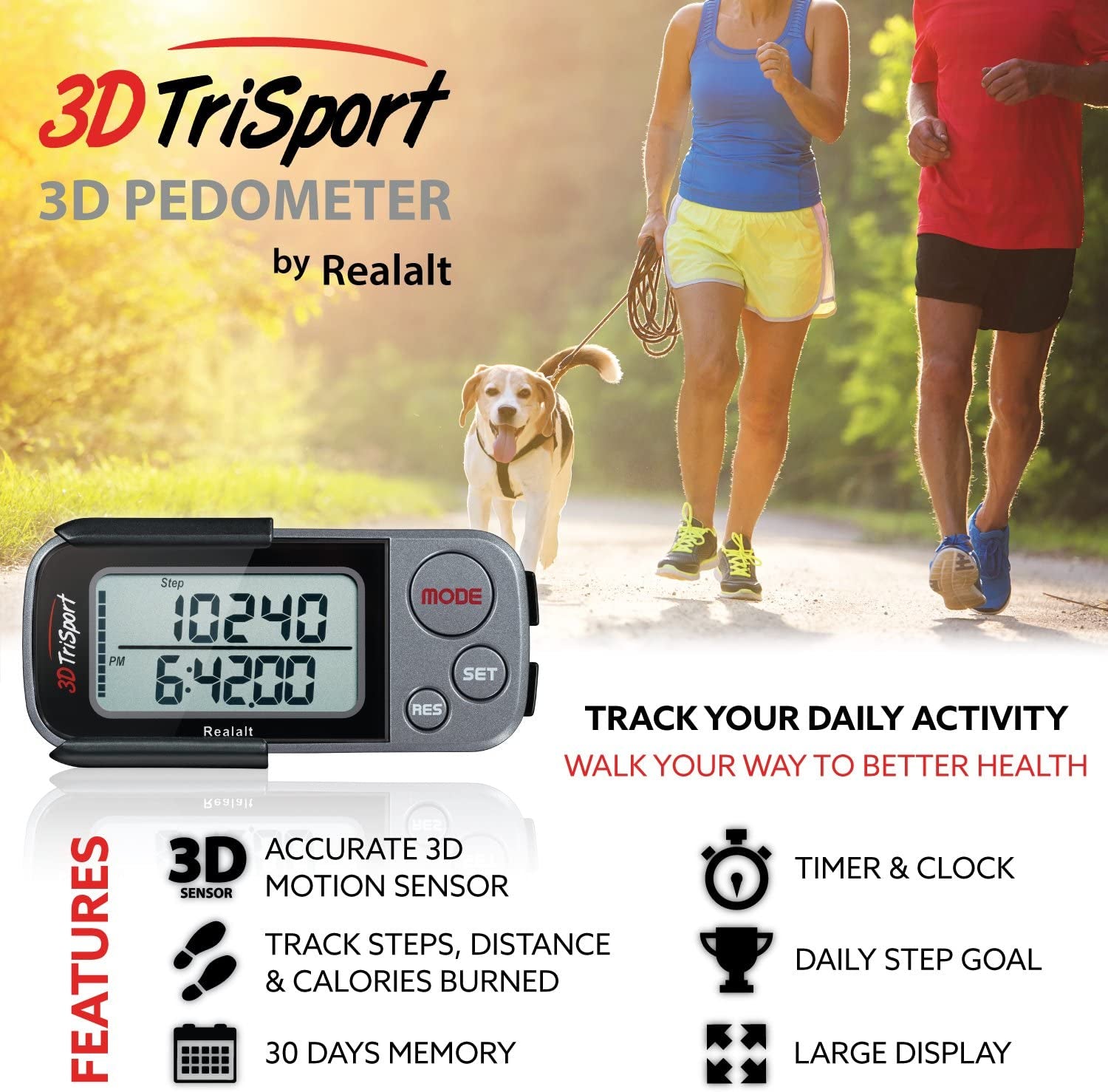 3Dtrisport Walking 3D Pedometer with Clip & Strap, Ebook Included | 30 Days Memory, Accurate Step Counter, Walking Distance Miles/Km, Calorie Counter, Daily Exercise Time Monitor