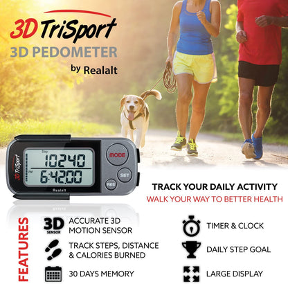 3Dtrisport Walking 3D Pedometer with Clip & Strap, Ebook Included | 30 Days Memory, Accurate Step Counter, Walking Distance Miles/Km, Calorie Counter, Daily Exercise Time Monitor